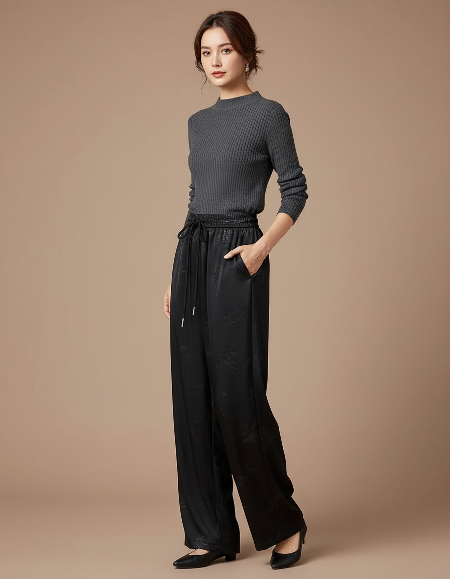 Pantalon Chinois Noir Jacquard Satin Ample Fluide Élégant