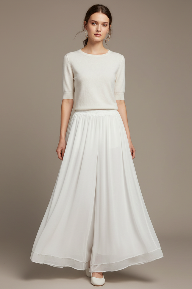 Pantalon Chinois Blanc Fluide Ample Taille Haute Femme - Polyester