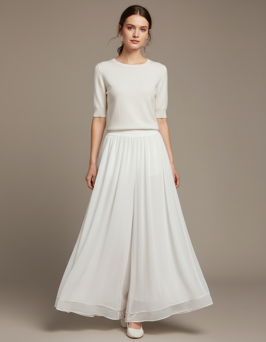 Pantalon Chinois Blanc Fluide Ample Taille Haute Femme - Polyester