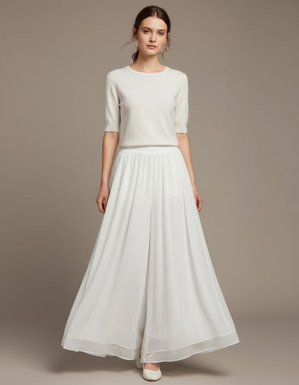Pantalon Chinois Blanc Fluide Ample Taille Haute Femme - Polyester