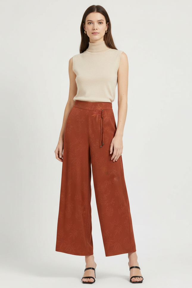 Pantalon Chinois Large Terracotta Jacquard Fluide Décontracté - Marron Satin