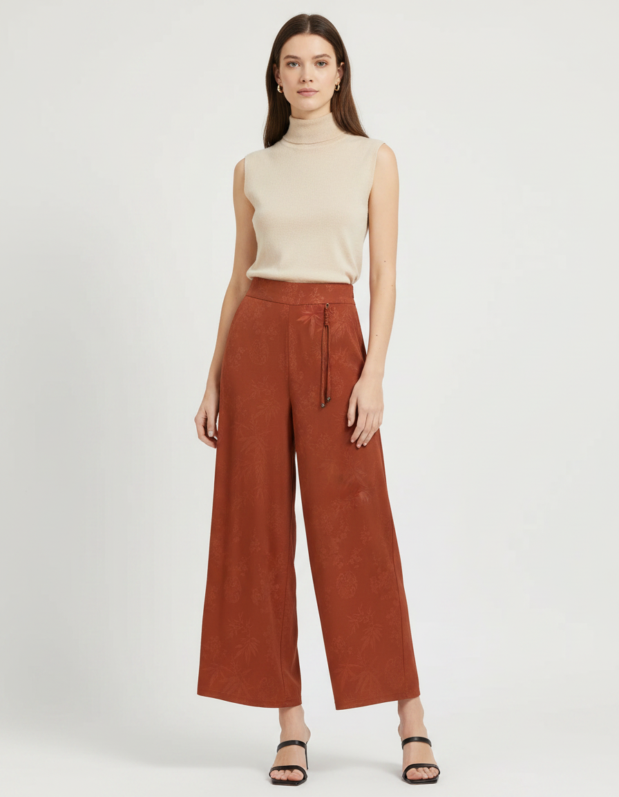 Pantalon Chinois Large Terracotta Jacquard Fluide Décontracté - Marron Satin
