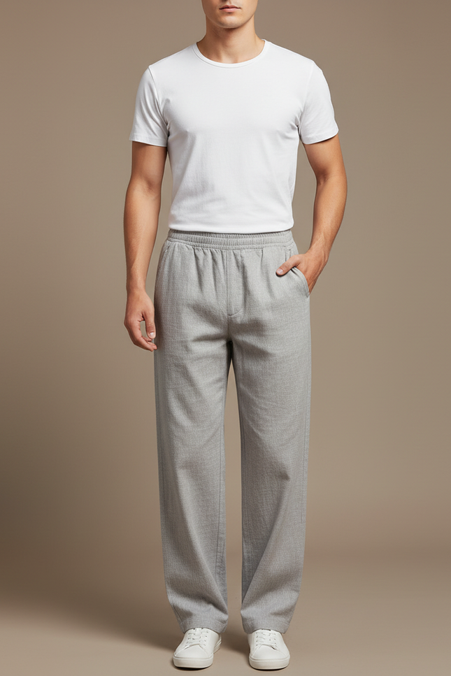 Pantalon Chinois Gris Ample Lin Confortable Homme