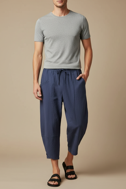 Pantalon Chinois Bleu Ample Lin Coton Décontracté Homme