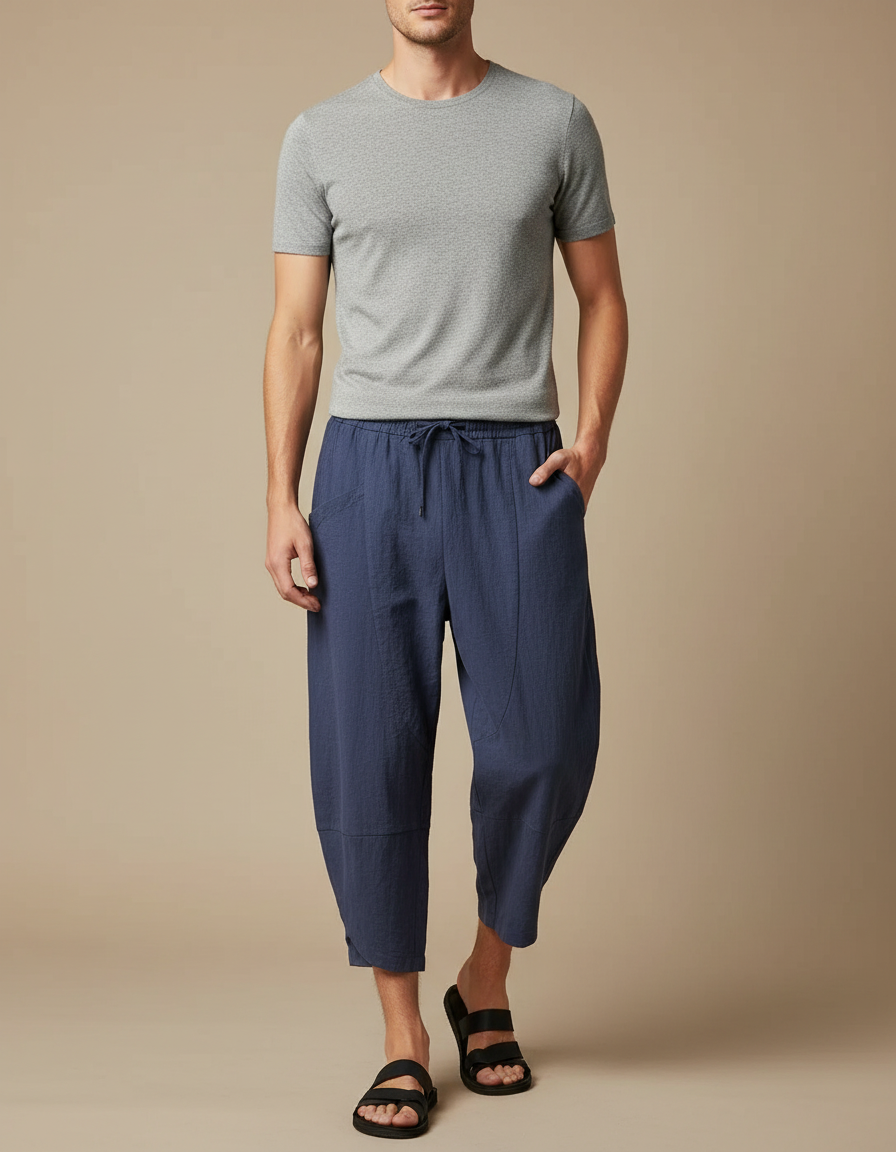 Pantalon Chinois Bleu Ample Lin Coton Décontracté Homme