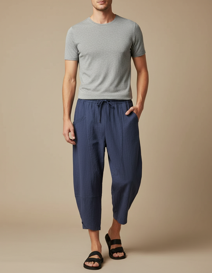 Pantalon Chinois Bleu Ample Lin Coton Décontracté Homme