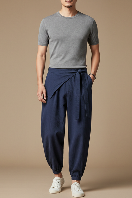 Pantalon Chinois Bleu Marine Coton Ample Sarouel Homme