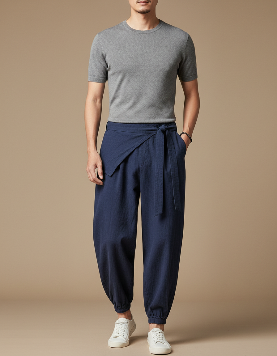 Pantalon Chinois Bleu Marine Coton Ample Sarouel Homme