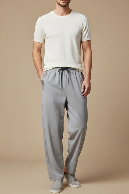 Pantalon Chinois Gris Ample Décontracté Brodé Cordon Homme - Maille