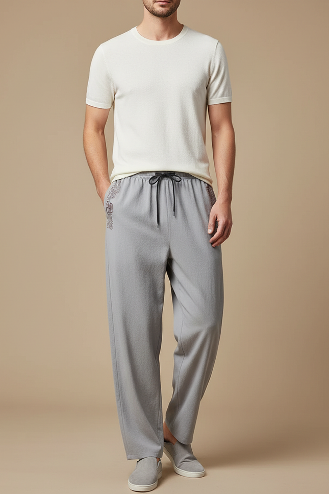 Pantalon Chinois Gris Ample Décontracté Brodé Cordon Homme - Maille