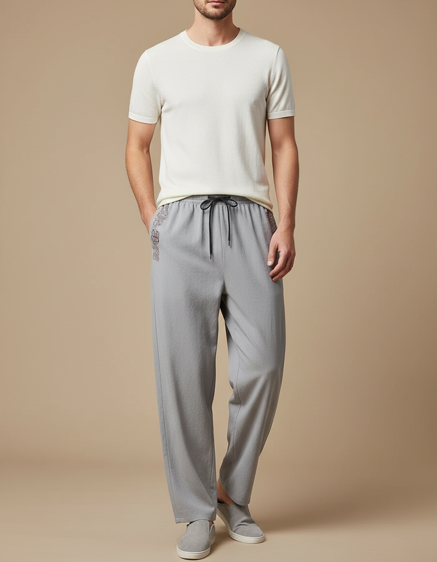 Pantalon Chinois Gris Ample Décontracté Brodé Cordon Homme - Maille