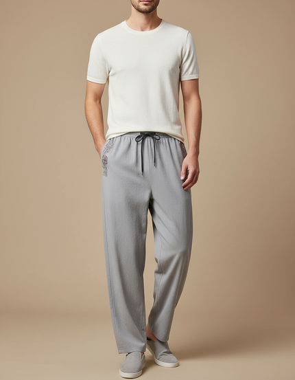 Pantalon Chinois Gris Ample Décontracté Brodé Cordon Homme - Maille