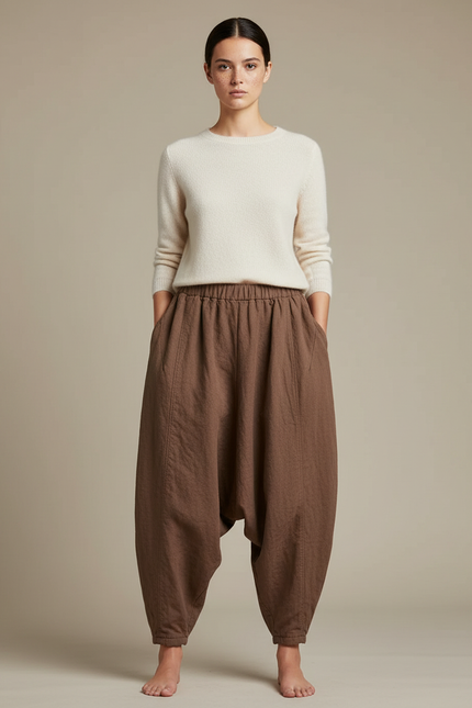 Pantalon Chinois Marron Ample Coton Lin Harem Femme