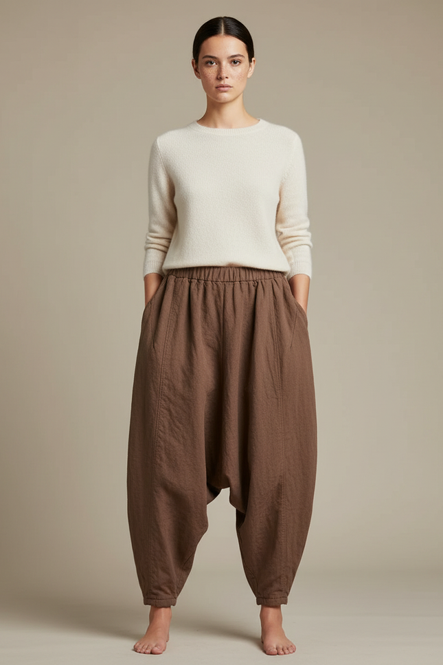 Pantalon Chinois Marron Ample Coton Lin Harem Femme