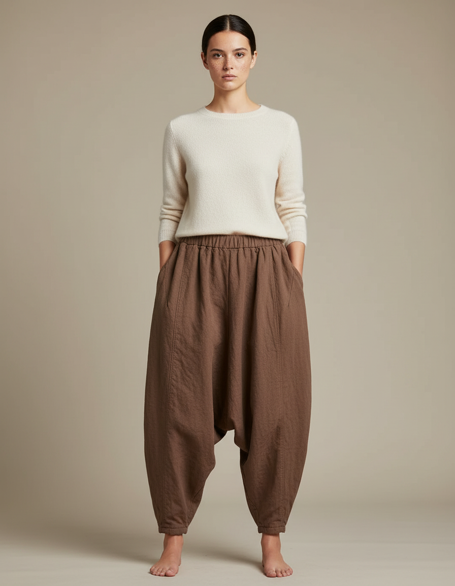 Pantalon Chinois Marron Ample Coton Lin Harem Femme