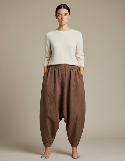 Pantalon Chinois Marron Ample Coton Lin Harem Femme