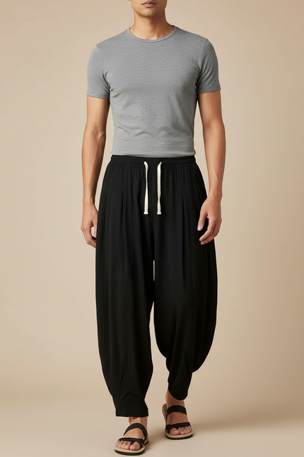 Pantalon Chinois Noir Ample Lin Décontracté Homme