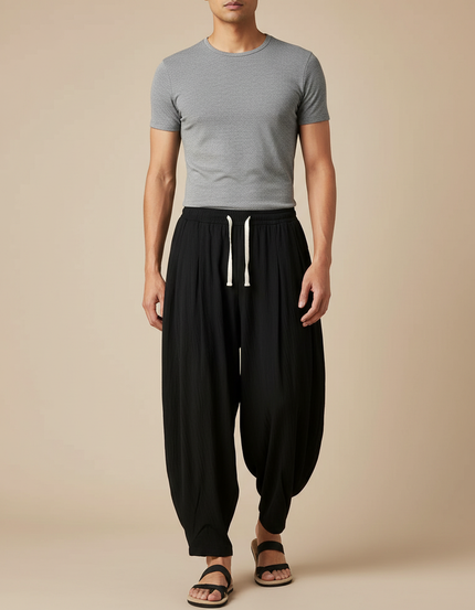 Pantalon Chinois Noir Ample Lin Décontracté Homme