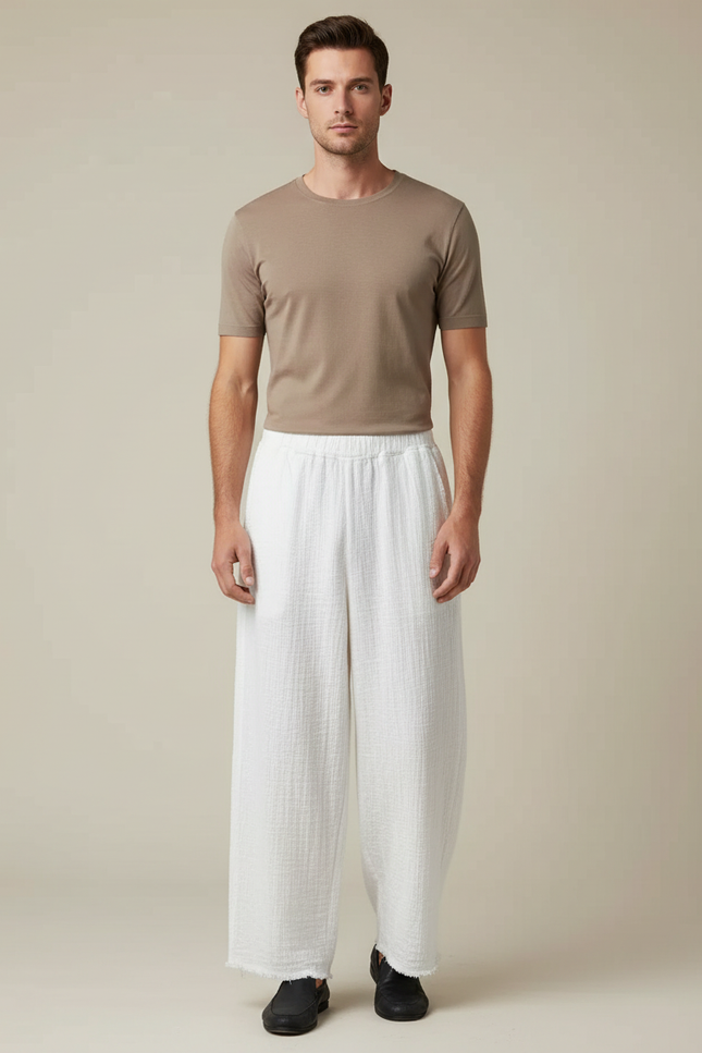 Pantalon Chinois Blanc Ample Lin Décontracté Fluide