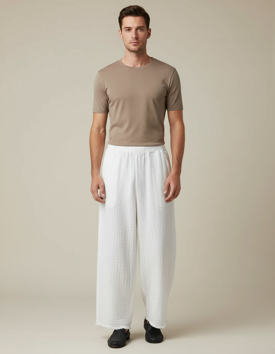 Pantalon Chinois Blanc Ample Lin Décontracté Fluide