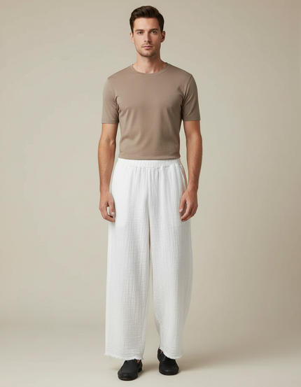Pantalon Chinois Blanc Ample Lin Décontracté Fluide