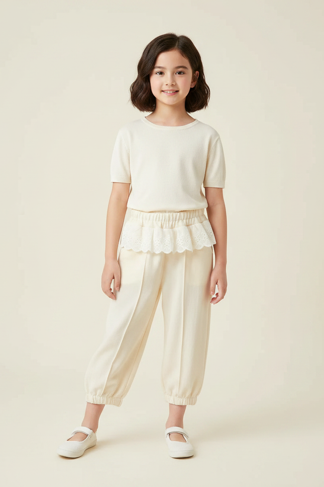 Pantalon Chinois Écru Fluide Ample Brodé Enfant - Beige Viscose