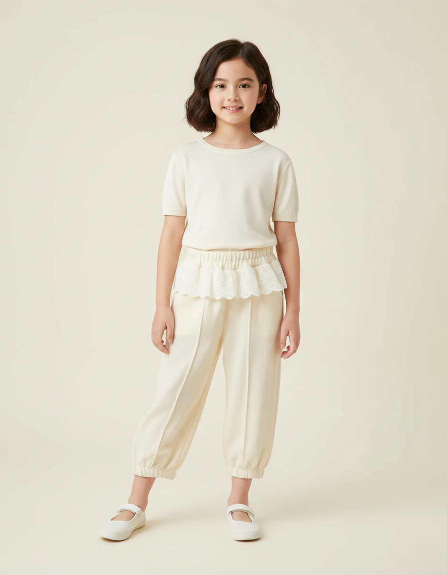 Pantalon Chinois Écru Fluide Ample Brodé Enfant - Beige Viscose