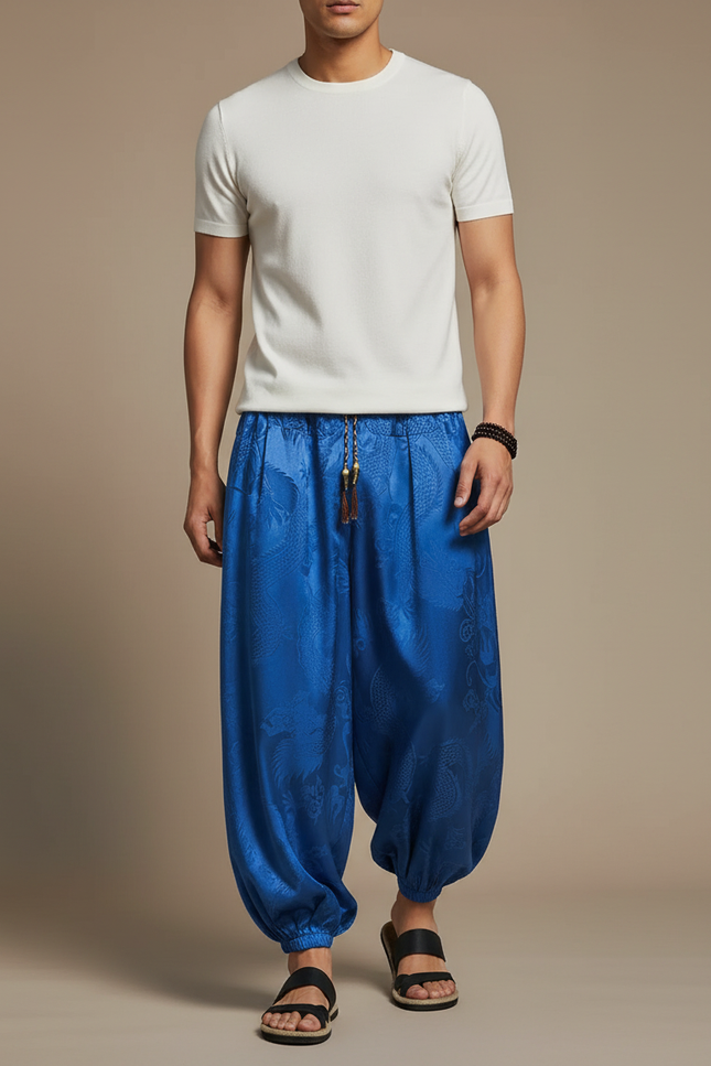 Pantalon Chinois Bleu Dragon Ample Soie Homme