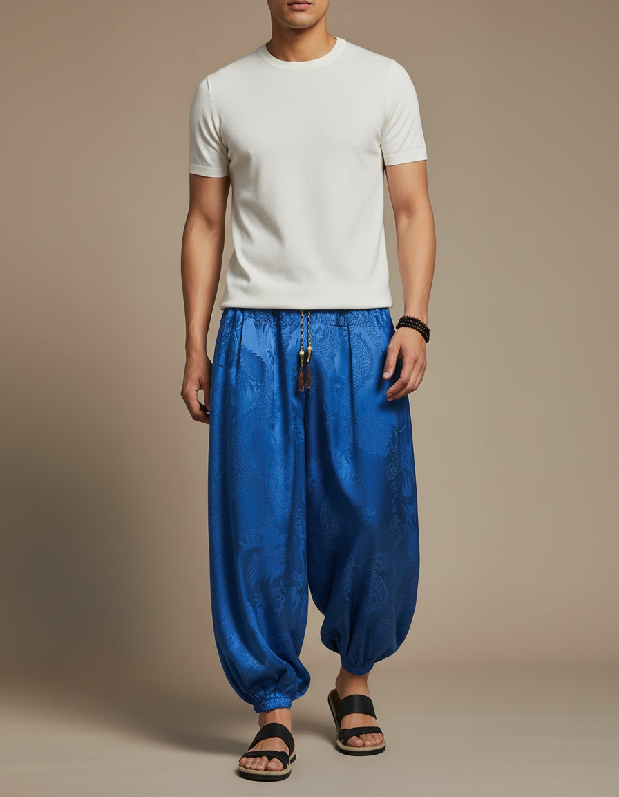 Pantalon Chinois Bleu Dragon Ample Soie Homme