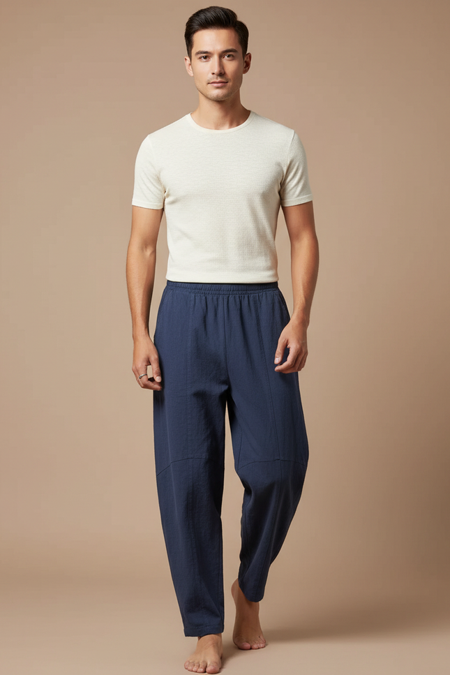 Pantalon Chinois Lin Bleu Marine Ample Décontracté Homme