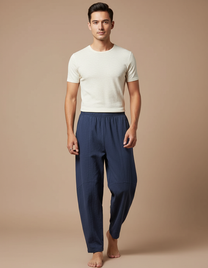 Pantalon Chinois Lin Bleu Marine Ample Décontracté Homme