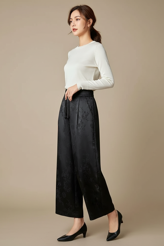 Pantalon Chinois Noir Satin Brodé Ample Fluide Élégant