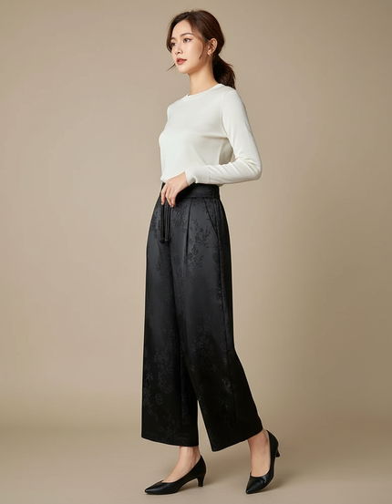 Pantalon Chinois Noir Satin Brodé Ample Fluide Élégant