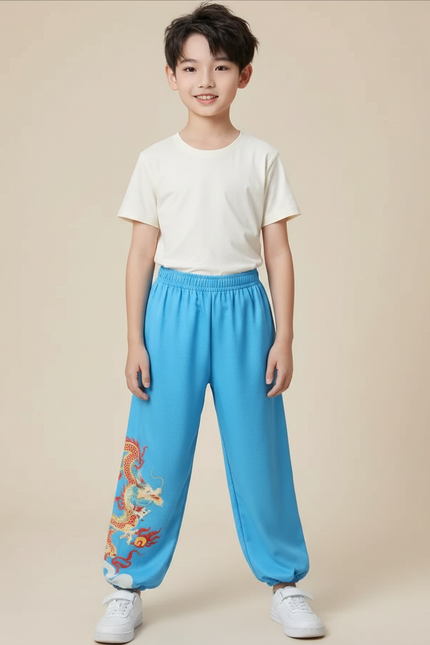 Pantalon Chinois Bleu Ample Dragon Brodé Enfant - Molleton