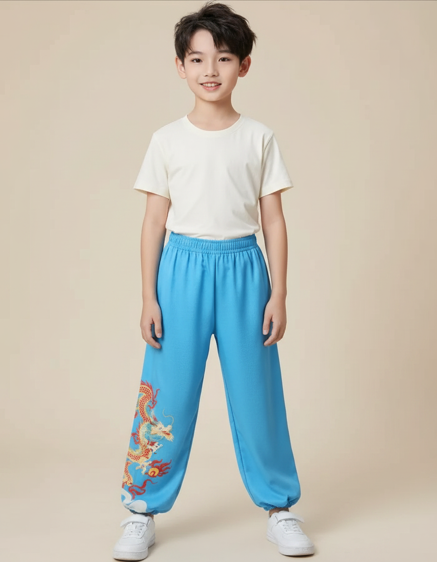 Pantalon Chinois Bleu Ample Dragon Brodé Enfant - Molleton