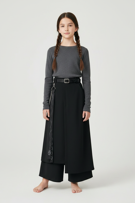 Pantalon Chinois Noir Ample Superposé Fille Moderne - Polyester