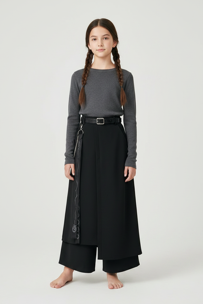 Pantalon Chinois Noir Ample Superposé Fille Moderne - Polyester