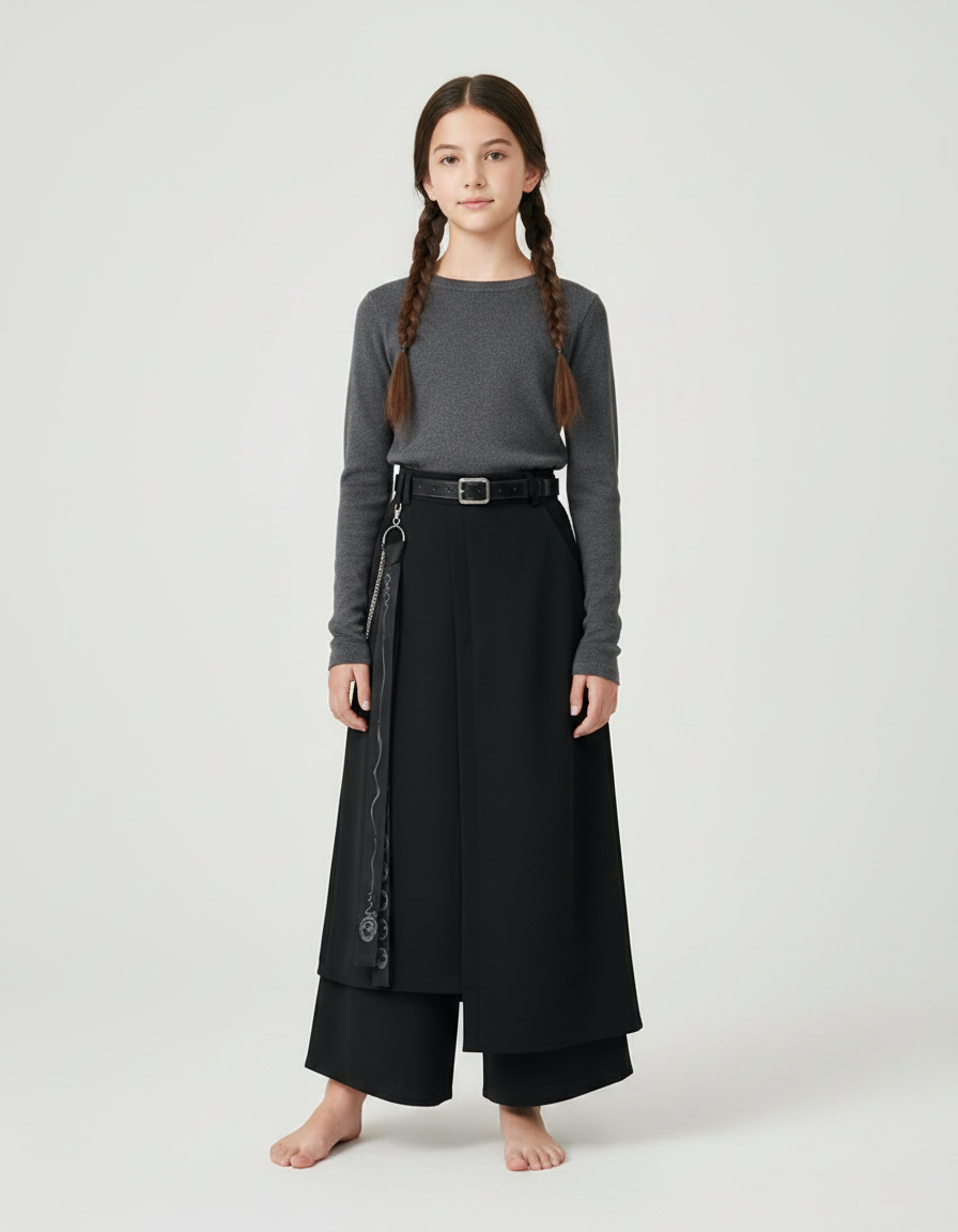 Pantalon Chinois Noir Ample Superposé Fille Moderne - Polyester