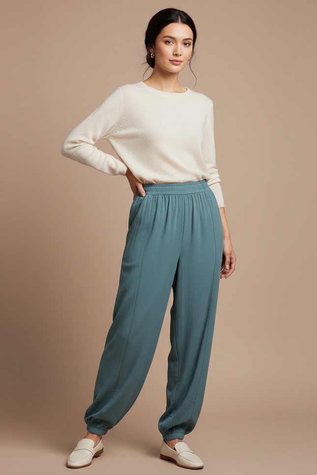 Pantalon Chinois Bleu Canard Fluide Ample Élastiqué Femme - Viscose