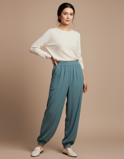 Pantalon Chinois Bleu Canard Fluide Ample Élastiqué Femme - Viscose