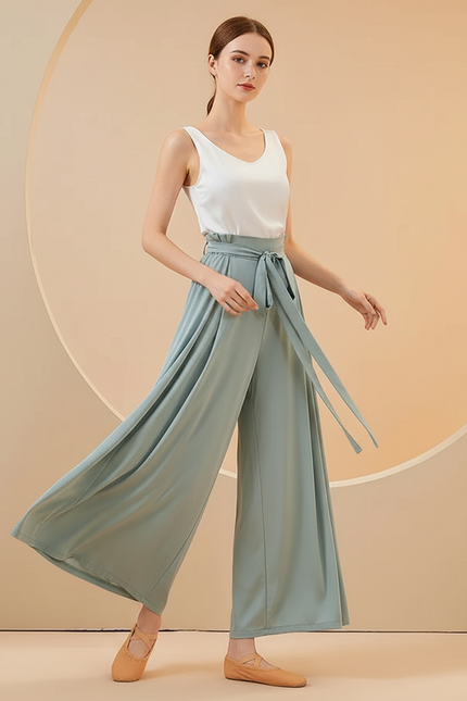 Pantalon Chinois Fluide Ample Ceinturé Vert Femme - Viscose
