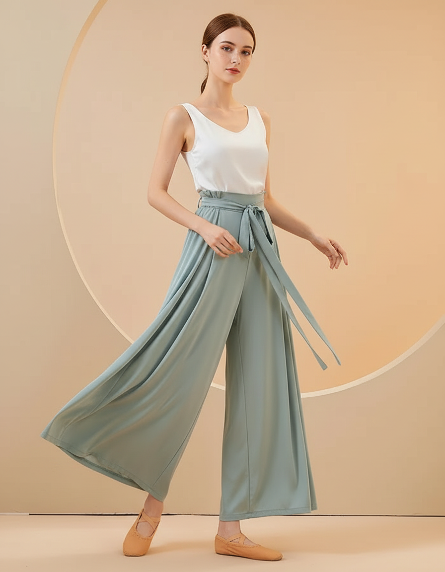 Pantalon Chinois Fluide Ample Ceinturé Vert Femme - Viscose