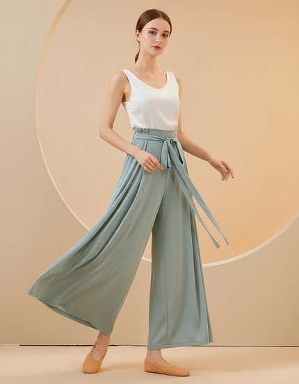Pantalon Chinois Fluide Ample Ceinturé Vert Femme - Viscose