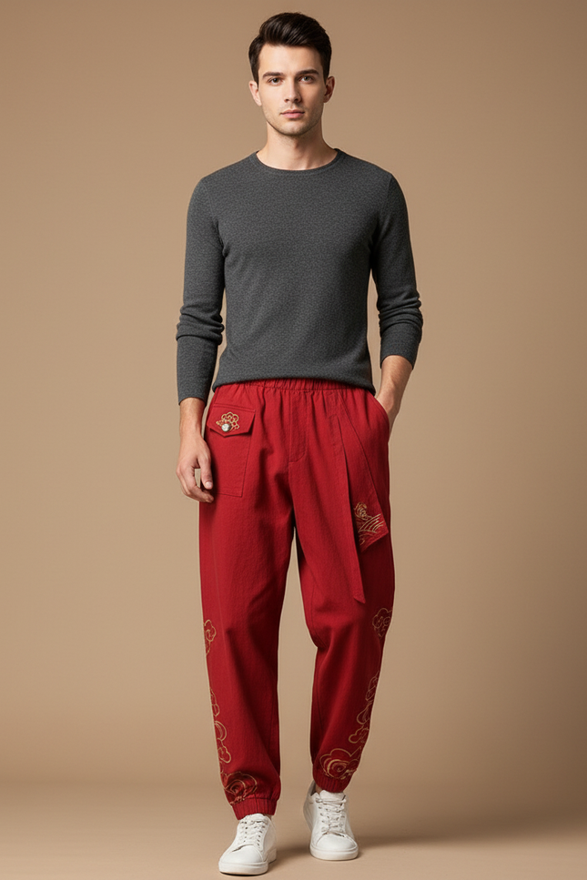 Pantalon Chinois Rouge Brodé Nuages Harem Coton