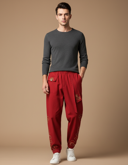 Pantalon Chinois Rouge Brodé Nuages Harem Coton