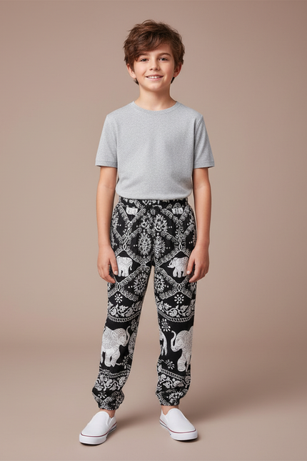 Pantalon Chinois Noir Blanc Ample Imprimé Éléphants Garçon - Viscose