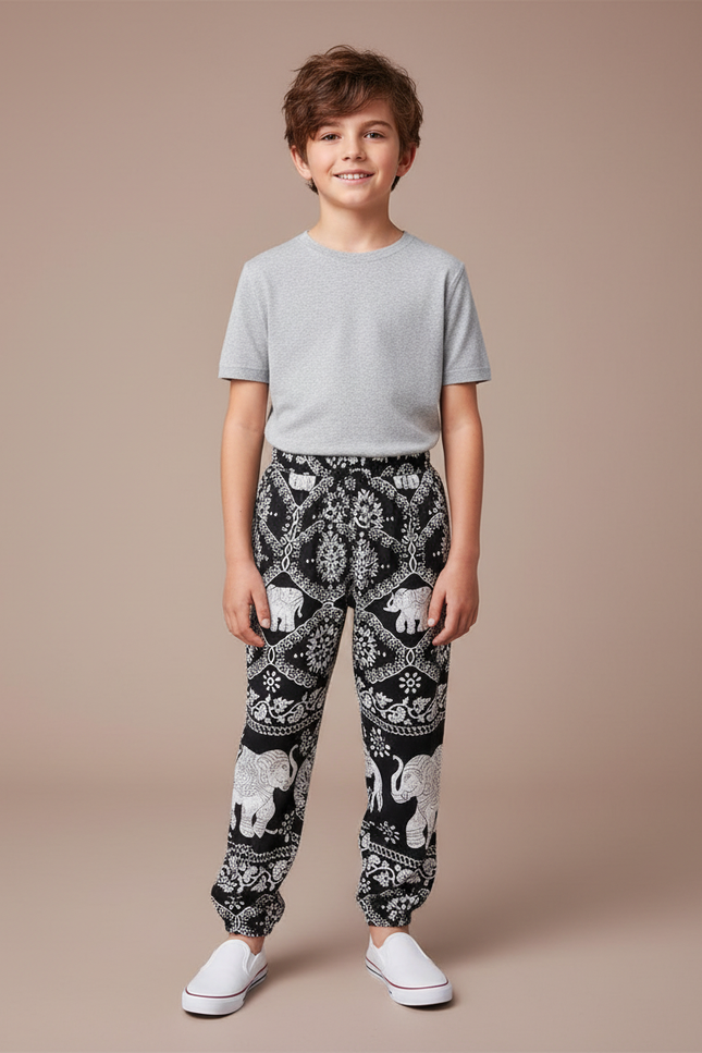 Pantalon Chinois Noir Blanc Ample Imprimé Éléphants Garçon - Viscose