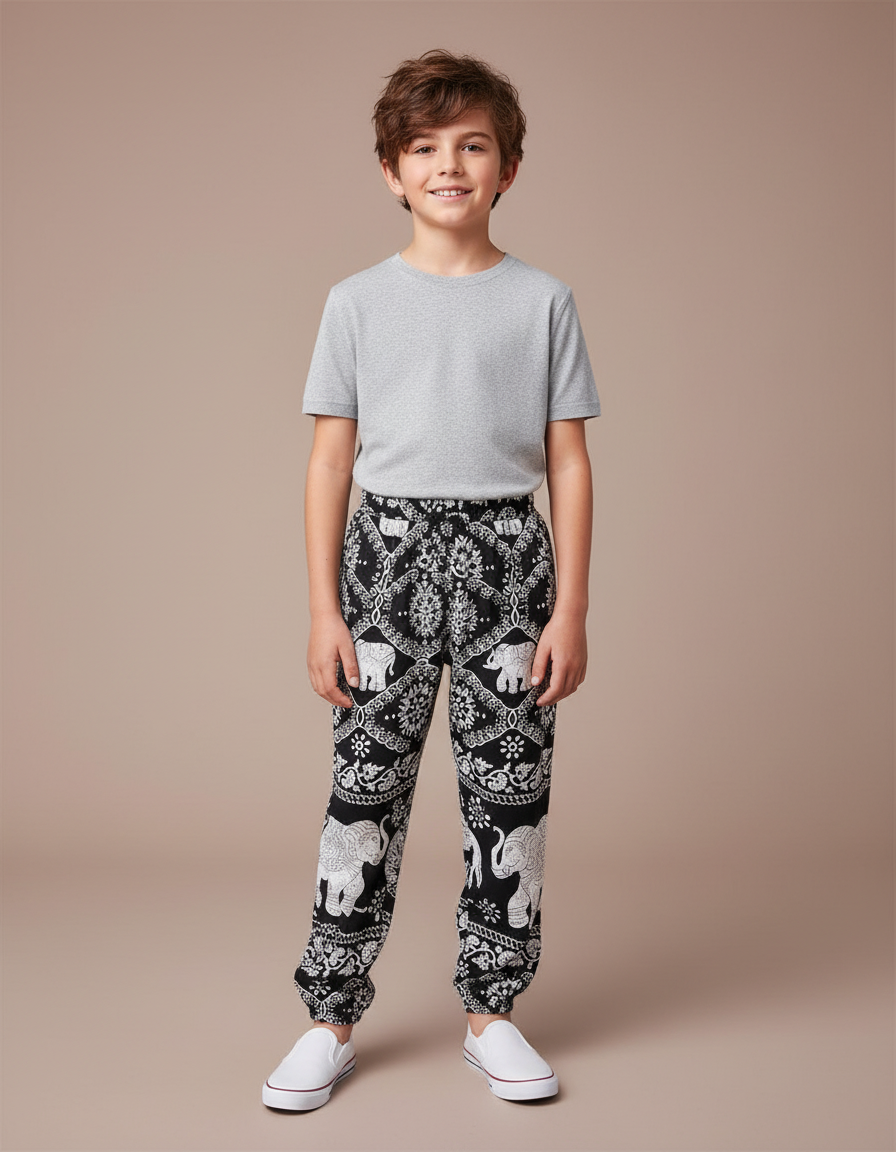 Pantalon Chinois Noir Blanc Ample Imprimé Éléphants Garçon - Viscose