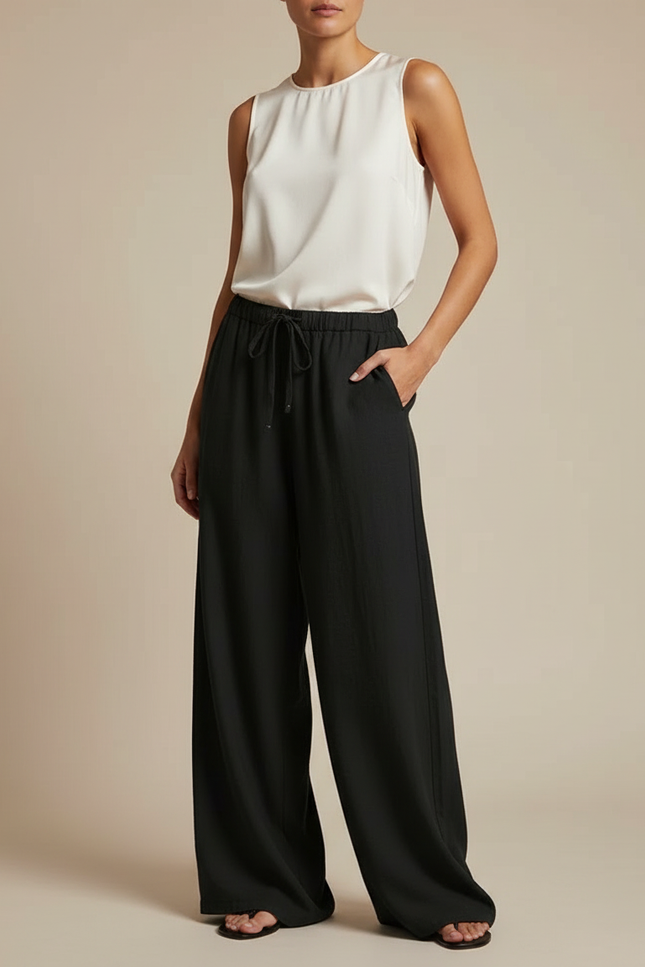 Pantalon Chinois Noir Ample Fluide Taille Haute - Viscose