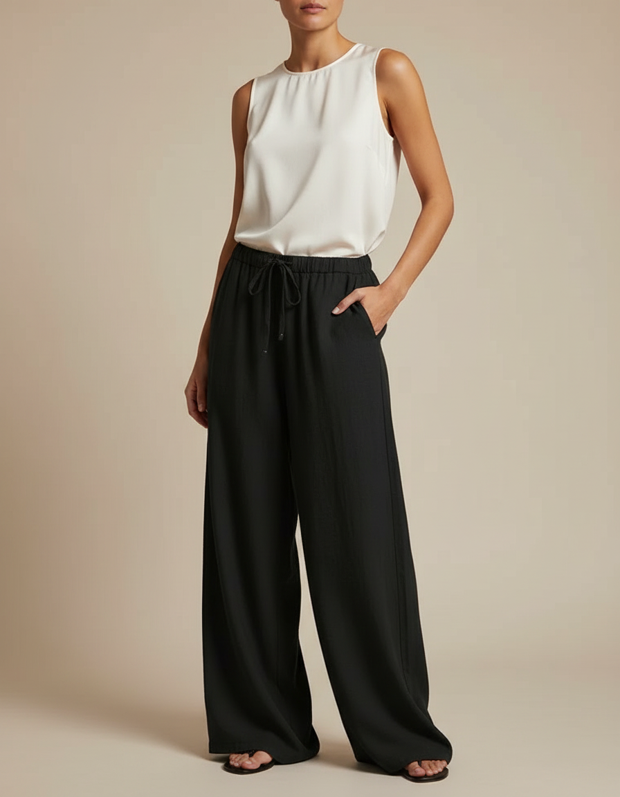 Pantalon Chinois Noir Ample Fluide Taille Haute - Viscose
